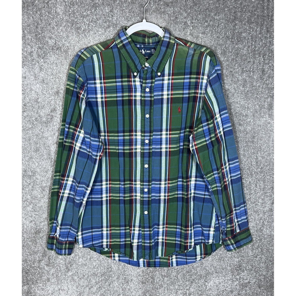 Ralph Lauren Custom Fit Button Down Shirt Mens Size L Green Plaid Long Sleeve